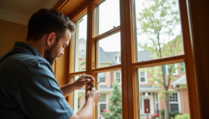Technician performing window repair near me in a residential in Kensington, focusing on fixing window hardware with a screwdriver.